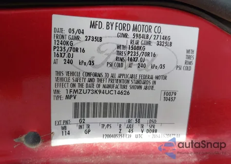 2004 Ford Explorer Xlt/Xlt Sport/Nbx из США, поврежденный, VIN 1FMZU73K94UC14626